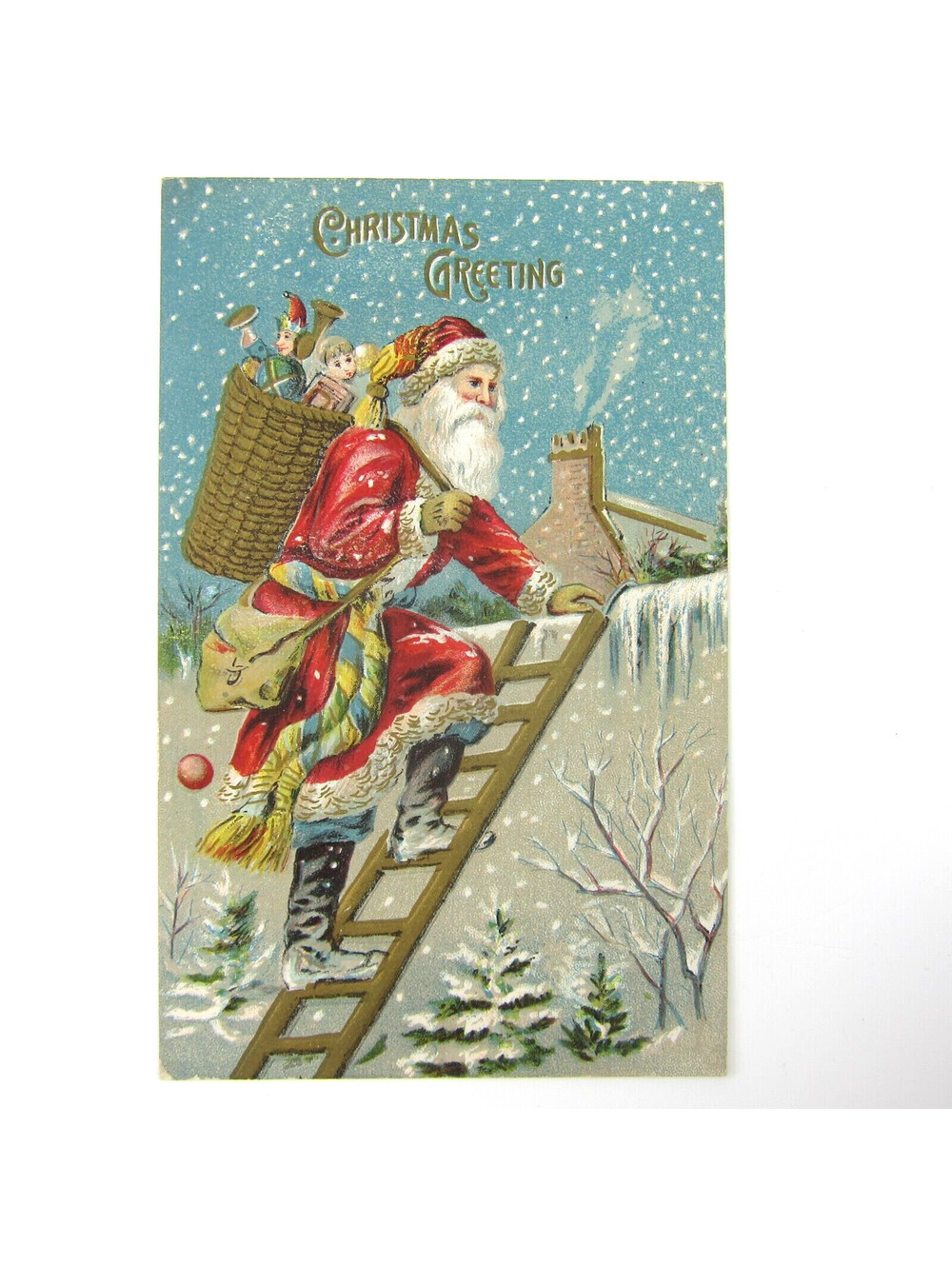 Vintage Christmas Postcard Old World Santa Ladder Toys Basket Embossed Antique